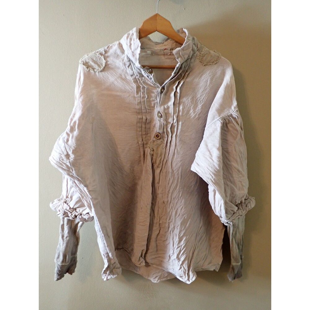 Ruffled Pintuck Button-Front Blouse in Light Taupe